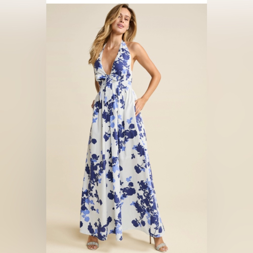 Plunging floral maxi halter dress, Navy blue, periwinkle and white, never worn